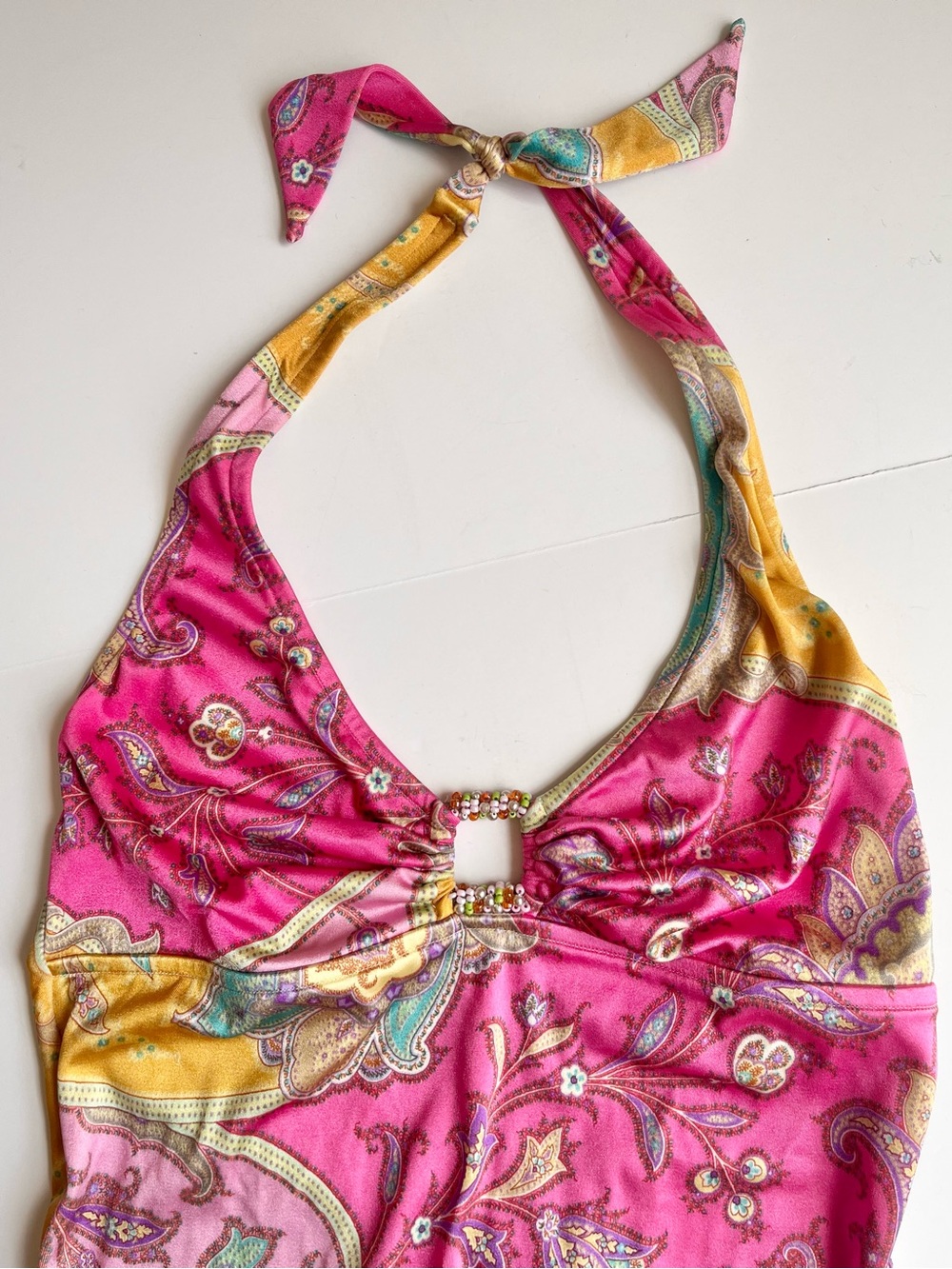 Trina Turk Paisley One Piece V- Neckline Halter Plunge Swimsuit - Picture 4 of 8